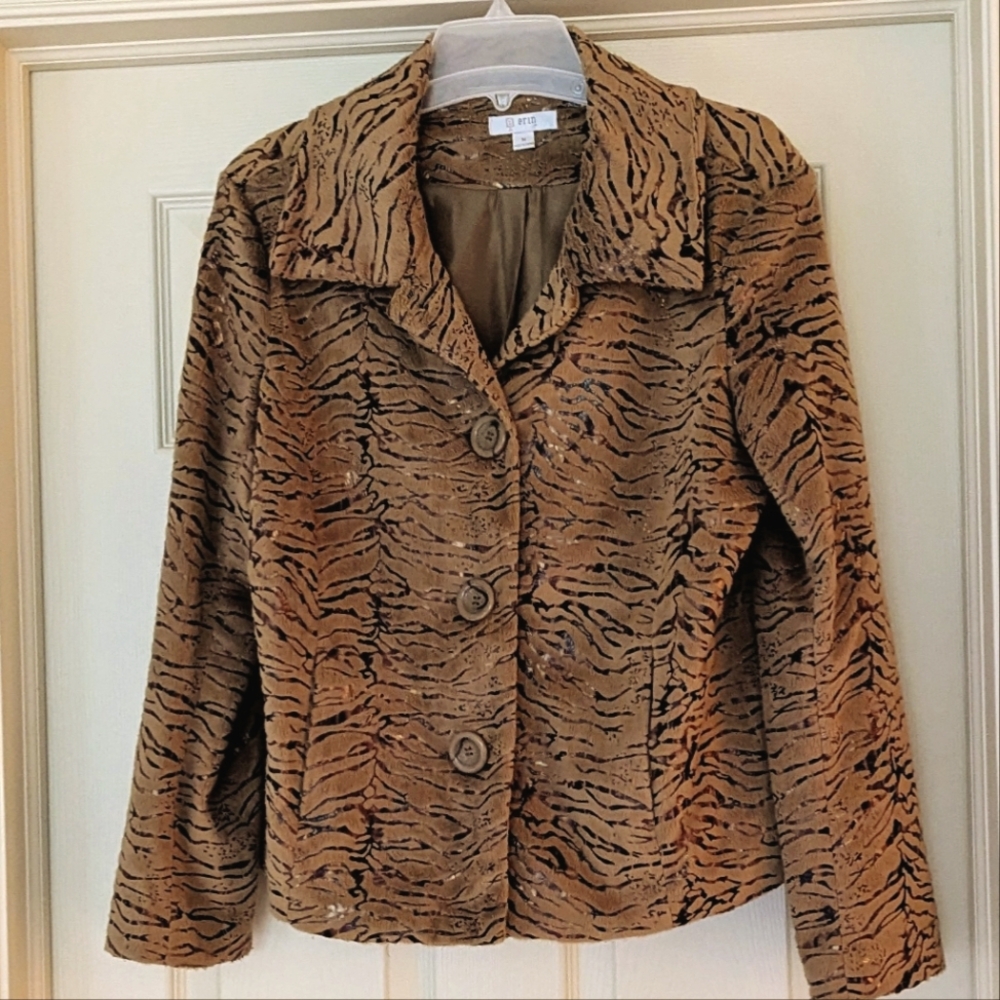 Erin London Plush Camel Color Animal Print Jacket